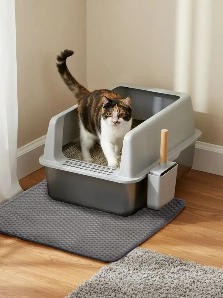 Große Edelstahl-Katzentoilette mit hohen Seitenwänden, tiefer Schale und Streuunterlage