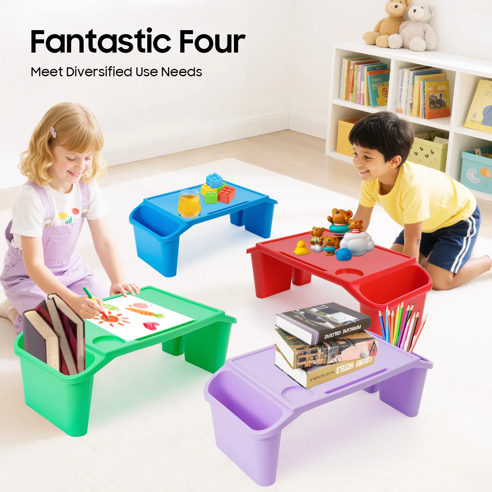 Kids Lap Desk Tray,Plastic Breakfast Laptop with Side Pockets,Portable,4 Set,11.02 lbs,Non-slip Bases,Easy to Carry & Store