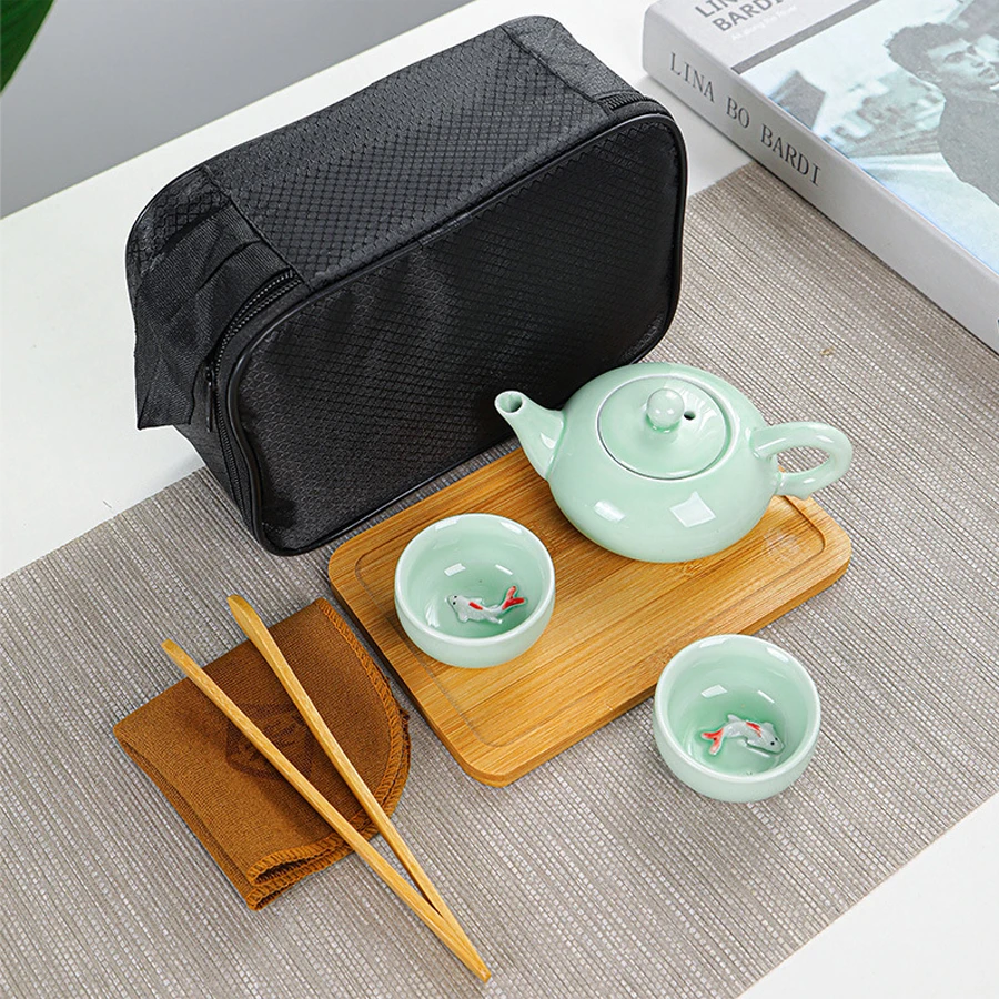 Tea set: 2 cups of celadon carp per pot, 4 cups, 1 tea plate, Kung Fu tea set