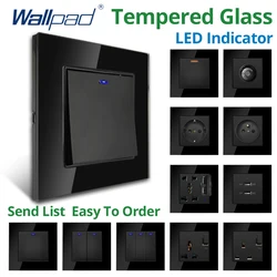 Wallpad Wall light Switch With EU Socket LED Indicator USB Outlet Black Crystal Tempered Glass Panel 1/2/3 Gang 2 Way AC110 220V