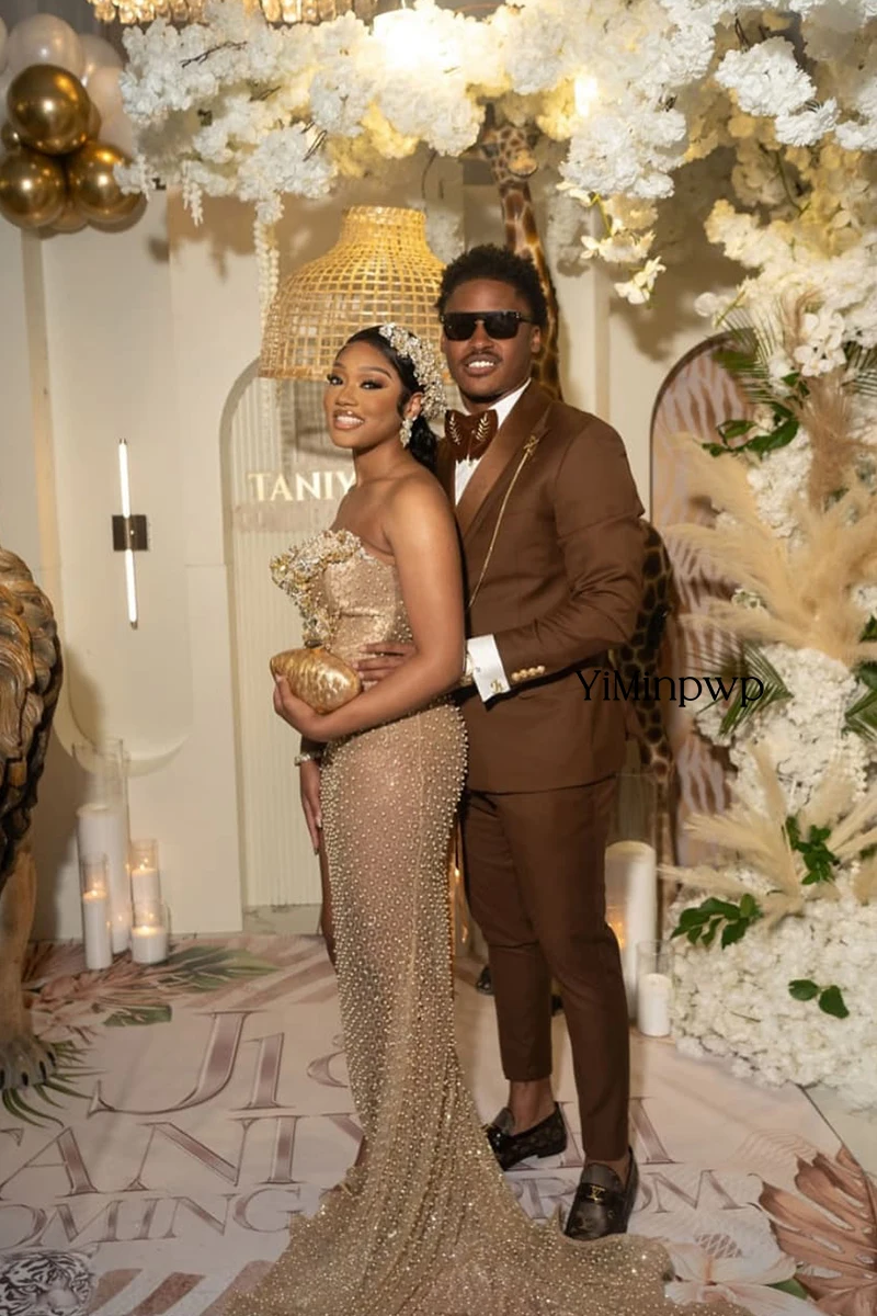 YiMinpwp Afrykański Brązowy Męski Garnitur Slim Fit 2-częściowy Formalny Satynowy Smoking Ślubny Strój Biznesowy Biurowy Garnitur Ślubny dla Pana Młodego XS-5XL