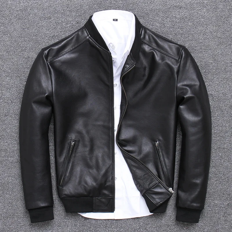 

YR!Free shipping.sales.Brand New casual style leather jacket.men slim sheepskin coat.quality soft Bomber jacket.baseball