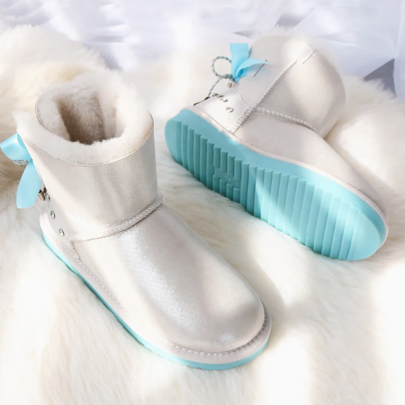 G&Zaco Luxury Girl Sheepskin Boots Sweet Crystal Bow Snow Boots Short Flat Winter Natural Wool Genuine Leather Women Ankle Boots