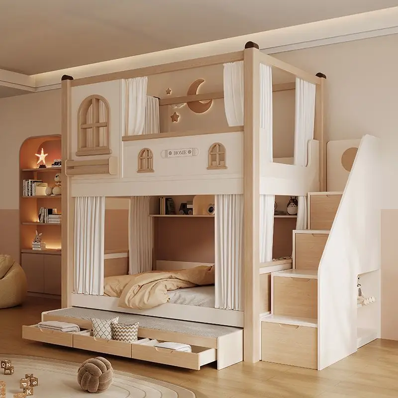 Children's Bunk Bed with Slide and Storage Stairs Queen Size Children Bedroom Furniture  with Shelf and Guardrail Children's Bed
