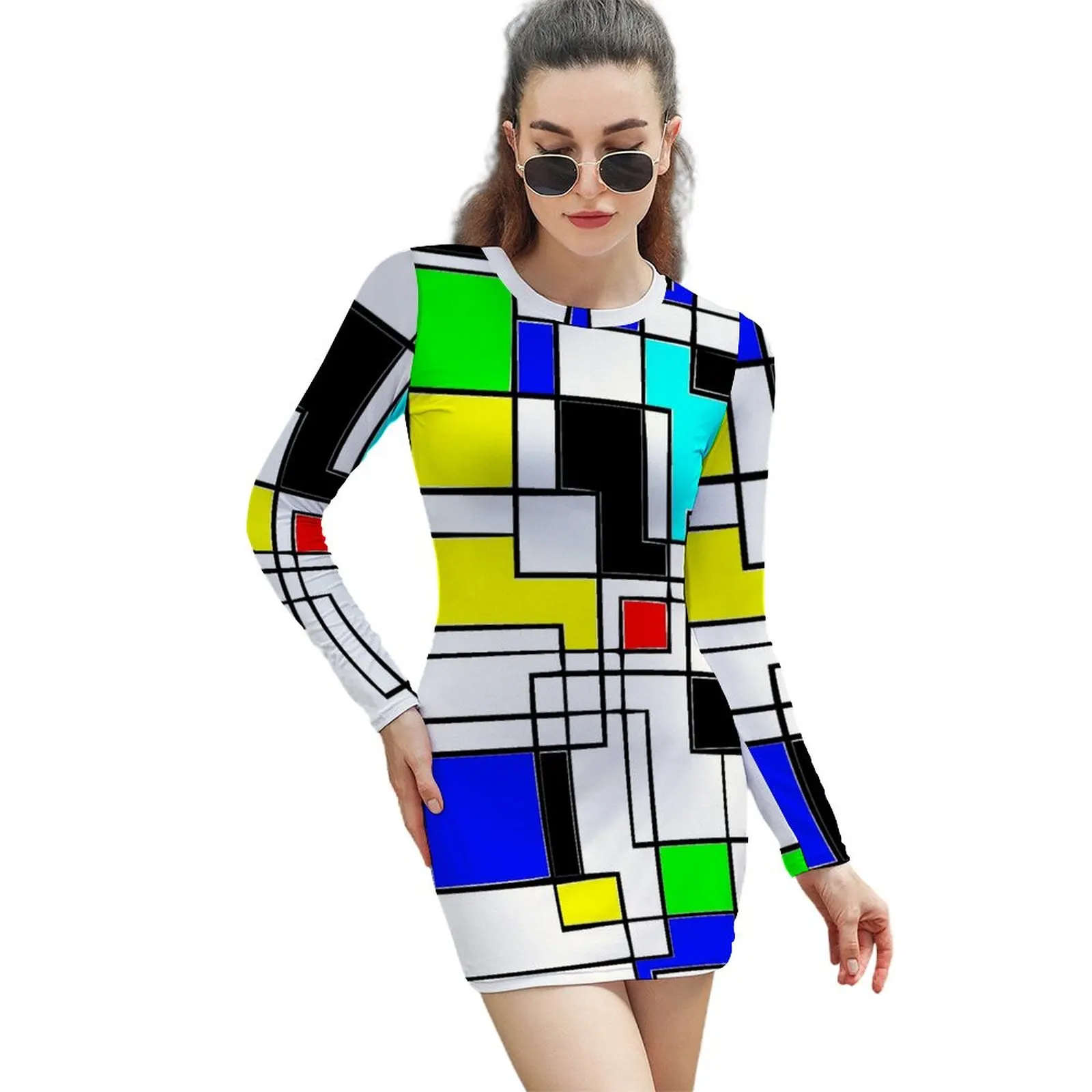 De Stijl Print Bodycon Dress Spring Random Squares Club Dresses Women Long Sleeve Custom Korean Fashion Dress Big Size 2XL