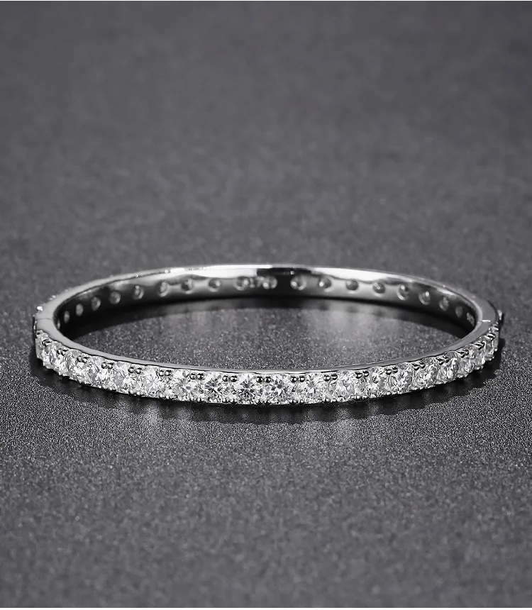 D-Color 0.3CT Full-Pave Single-Row Moissanite Bangle Bracelet, Platinum Plated S925 Sterling Silver, Exquisite Fine