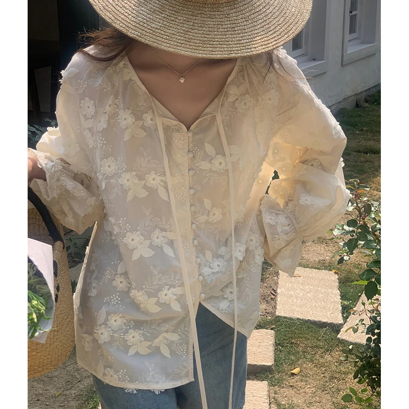 

Шикарная летняя нежная свободная повседневная блузка Bell Sve irt с v-образным вырезом и вышивкой, женская модная корейская блузка Long Sve