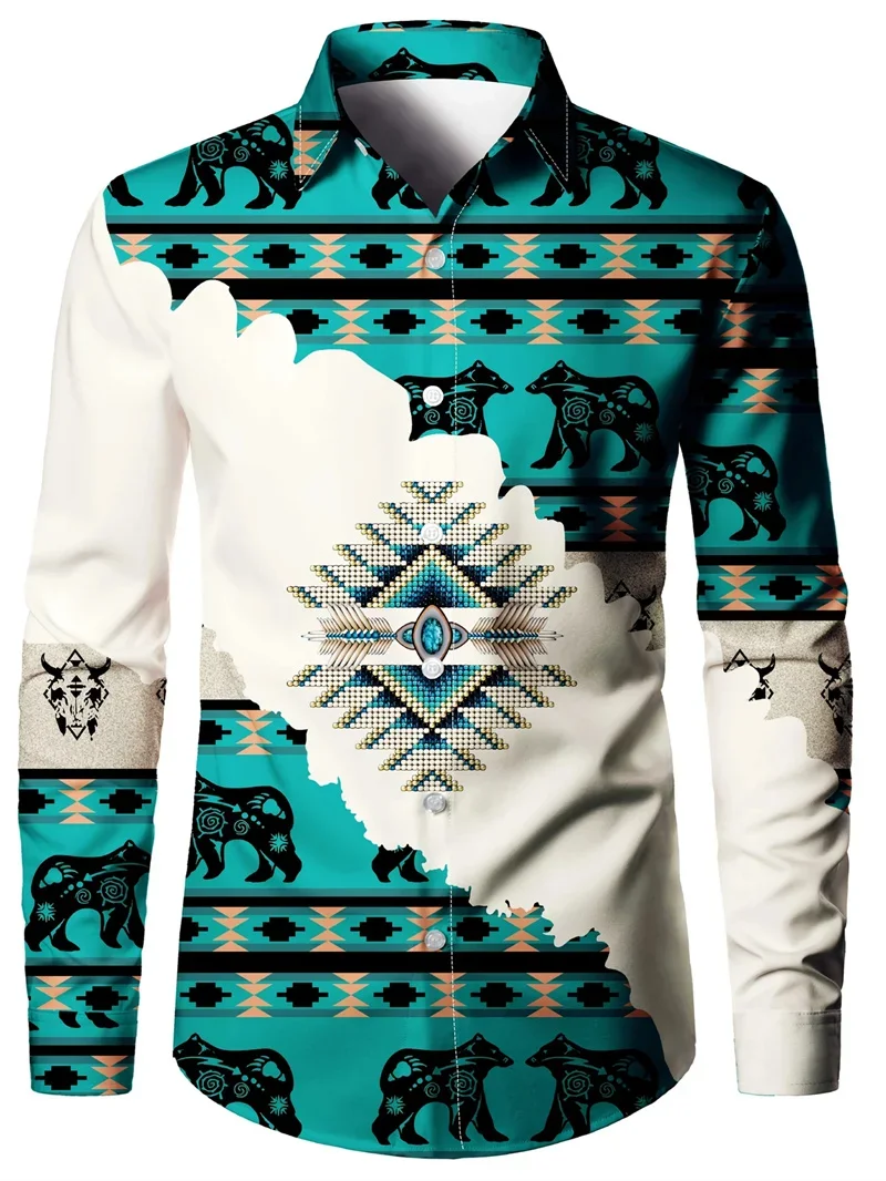 Men's Simple Retro Color-blocking 3D Printed Shirt with Long Sleeve Lapel Slim Men's Shirt Business Casual Outdoor Clothing Top