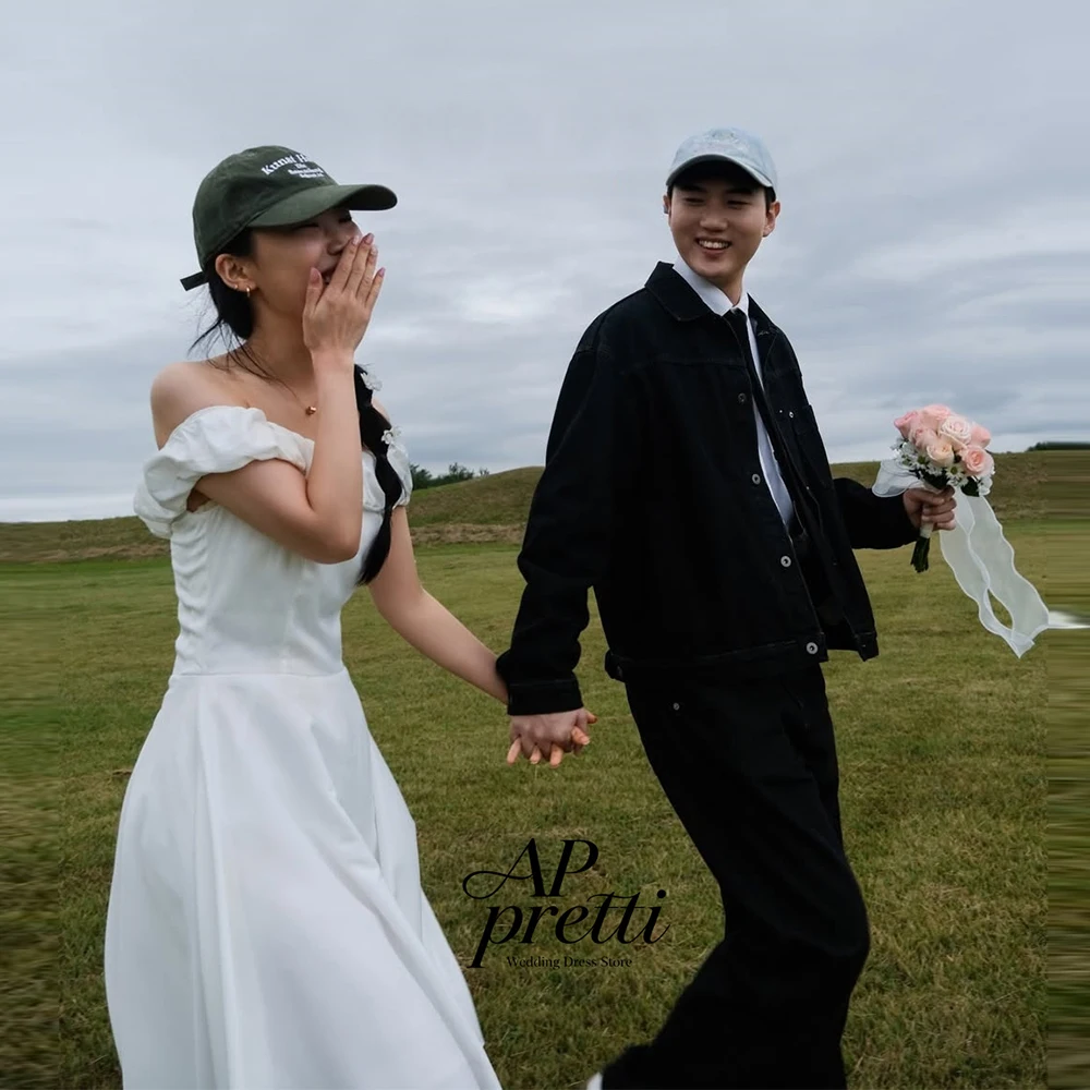 AP pretti Lovely Soft Satin Korea Wedding Dress Photo Shoot Strapless Customized Off the Shoulder A-line Tea-Length Bridal Gown