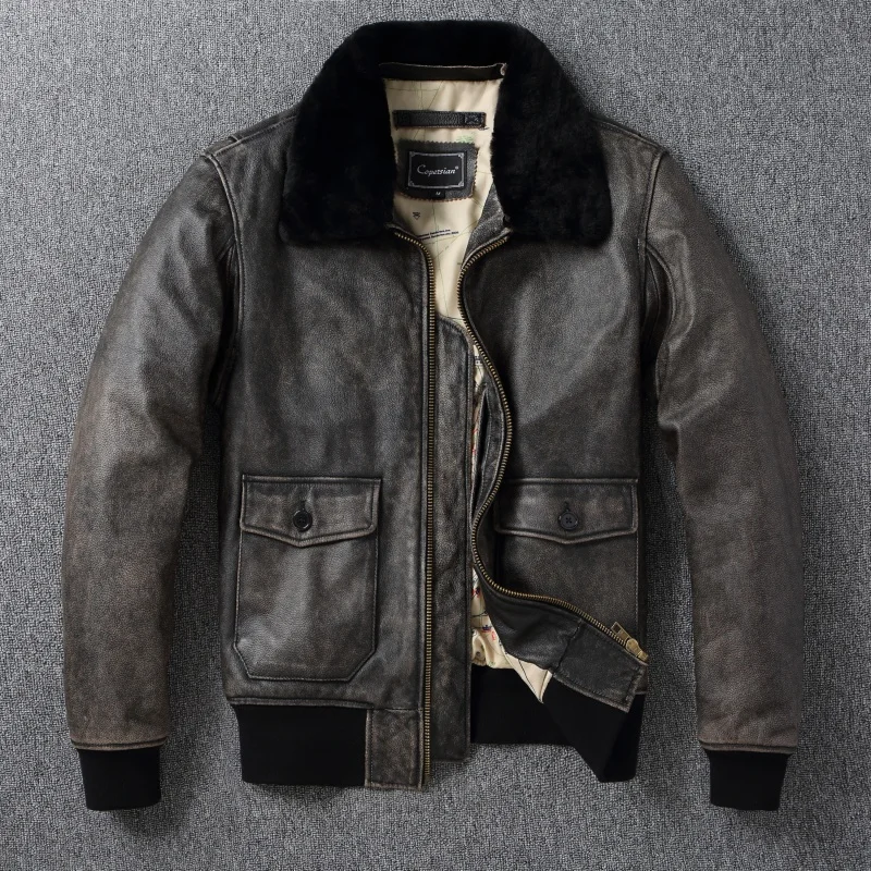 سترة بومبر G1 من جلد البقر الفاخر للرجال، سترة طيران كبيرة الحجم مبطنة بالقطن مع ياقة قابلة للطي #1