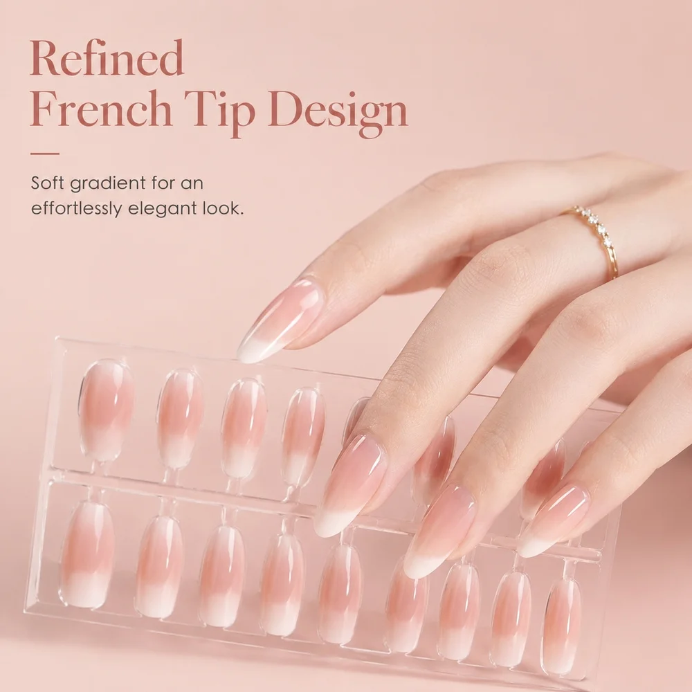 120 Stück glänzende Ombre Press-On-Nägel, Nude-Farbverlauf, Mandelform, French-Tip, vollständige Abdeckung, künstliche Nägel, anfängerfreundliches Maniküre-Set