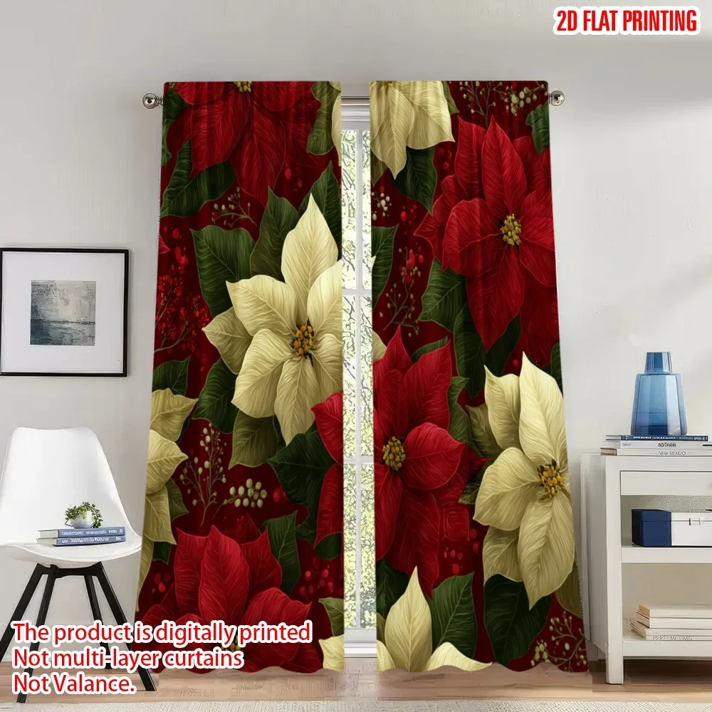 2 قطعة 2D الطباعة المسطحة عيد الميلاد سعيد المشهد الستائر عيد الميلاد البونسيتة زهرة الرقمية المطبوعة البوليستر الستائر احتفالية #1