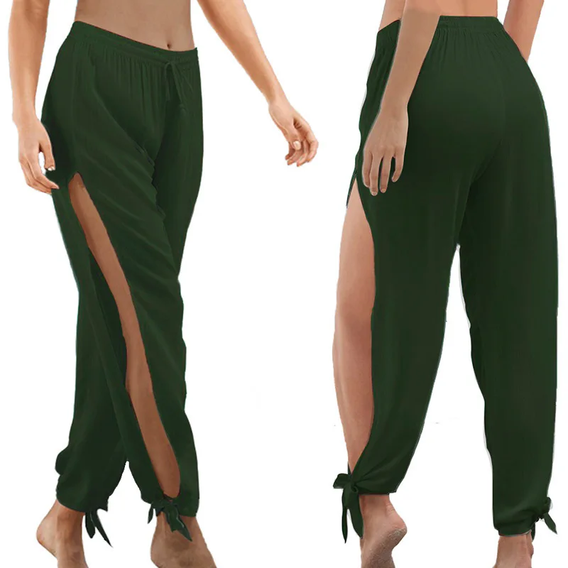 High Slit Hippie Harem Pants Sport Leggings Women Gym Clothing Casual Solid Hollow Elastic Waist Workout Wide Leg Pants Trousers