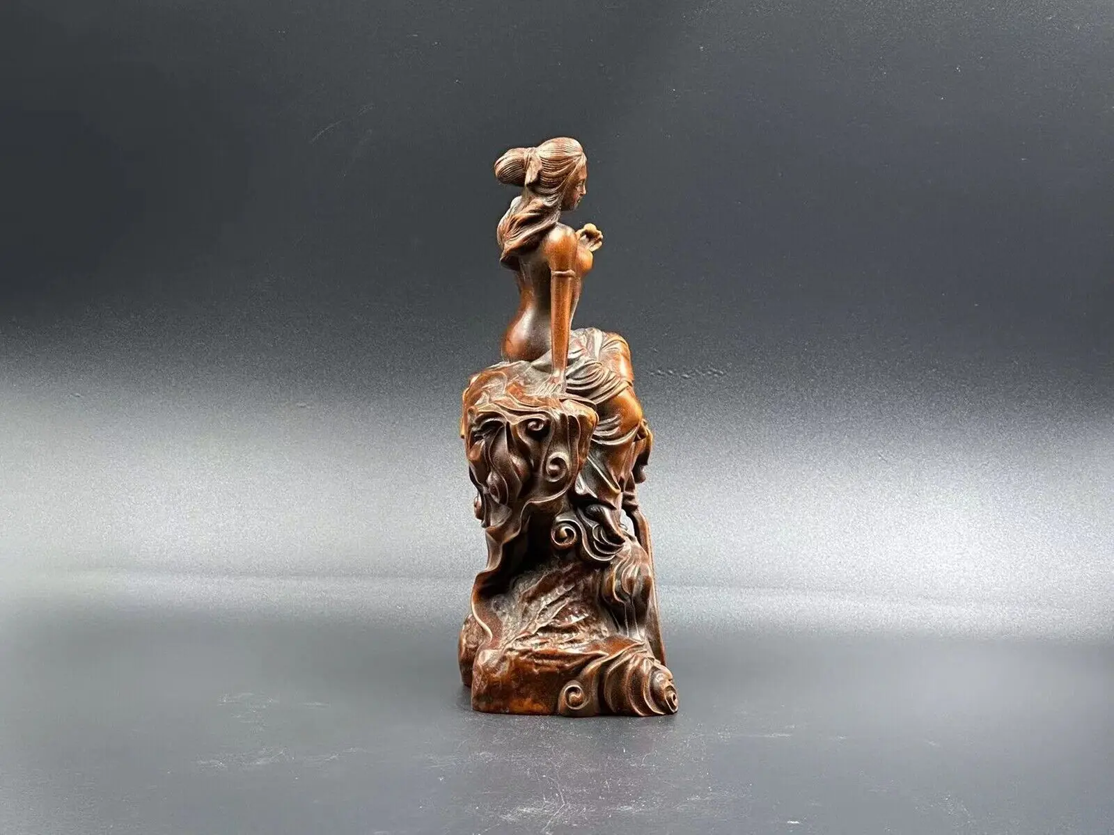 Chinese Antique Boxwood Carved Pipa Beautiful Woman Statue Sculpture Home Decor