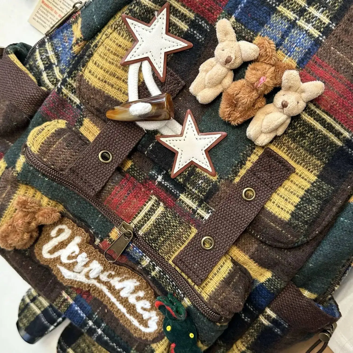 Bloom Haruku Bear Y2k Backpack Women New 2025 High Street Retro Plaid Patchwork Schoolbag Female Casual Mochila Aesthetic