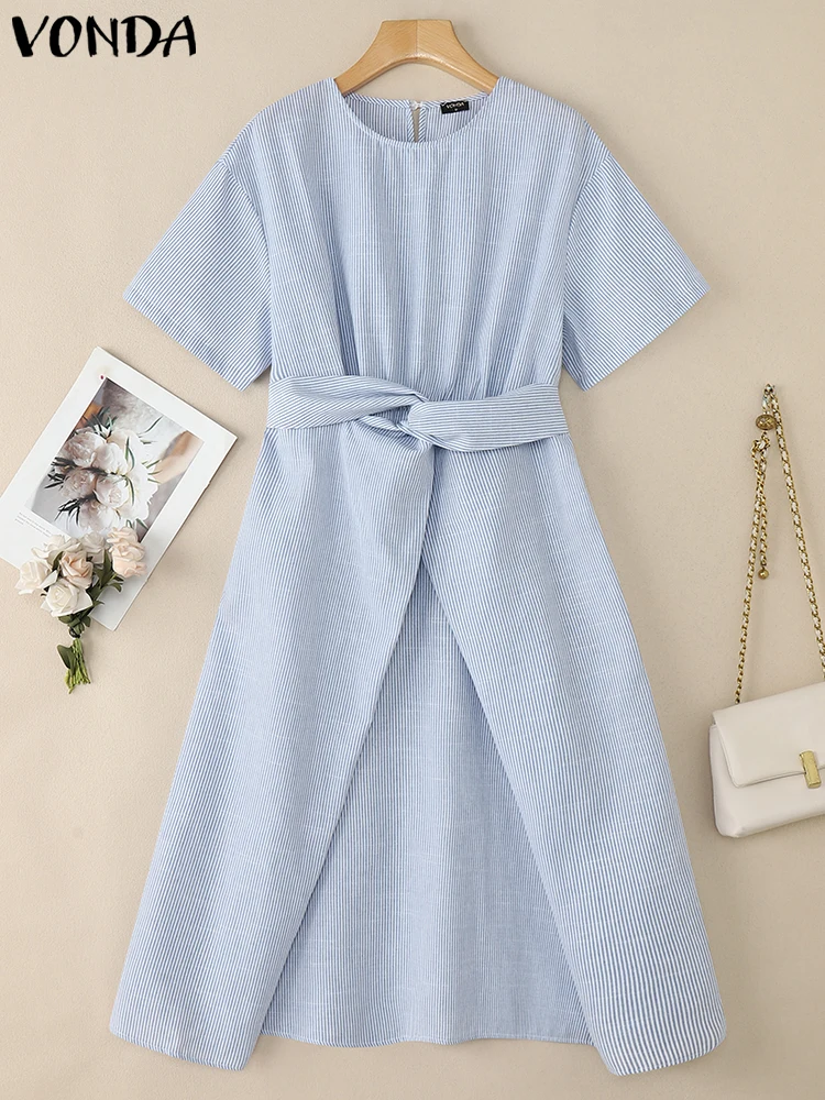 VONDA 2025 Bohemian Women Stripe Abiti Estate Manica corta Stampa coreana Camicia lunga Abiti Moda Pieghettato Midi Vestito estivo Robe