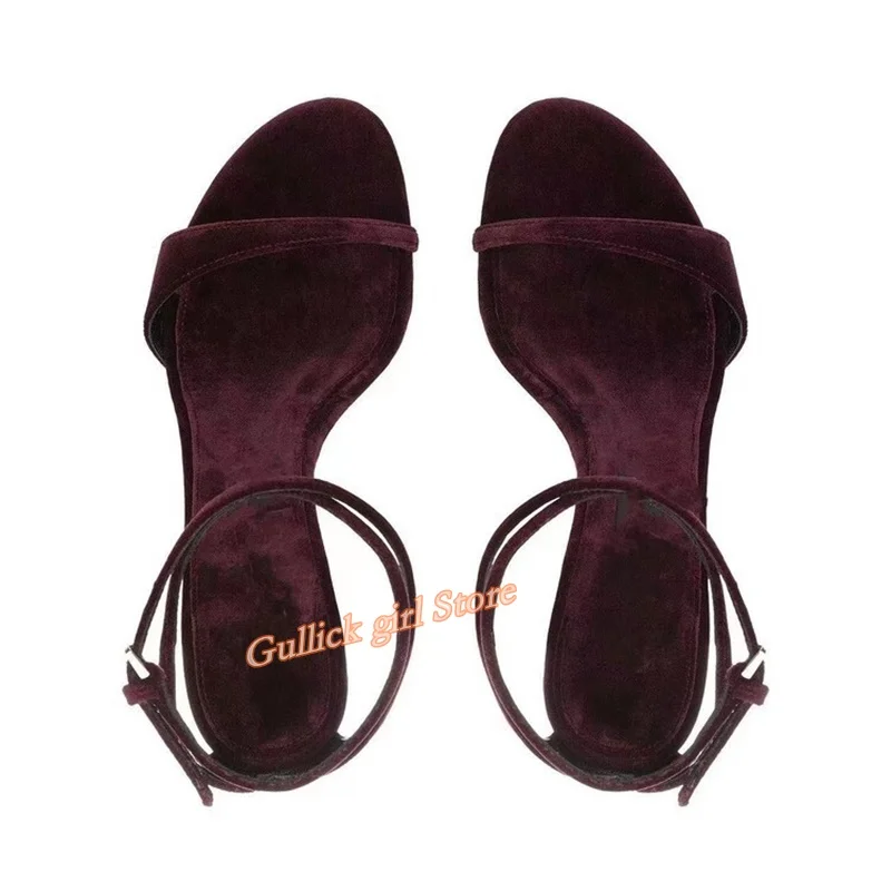 Velvet Ankle Buckle Sandals Open Toe Stiletto Thin High Heel Runway 2026 Summer Women Brown Dress Shoes Gold Custom Made - view 3