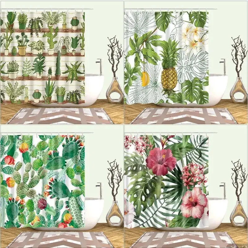 Tropical Greenery Shower Curtain Succulent Cactus Palm Pineapple Tropical Fruit Cat Bathroom Decoration Shower Curtain With Hook