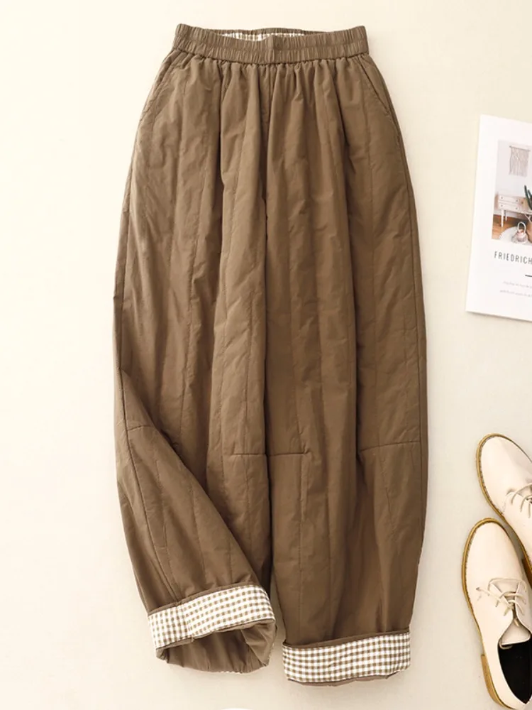 

Retro Japanese Sle Lightweight down Cotton Pants Women's Winter Outerwear Elastic Waist Slimming Thi Warm Cotton Wide Leg...