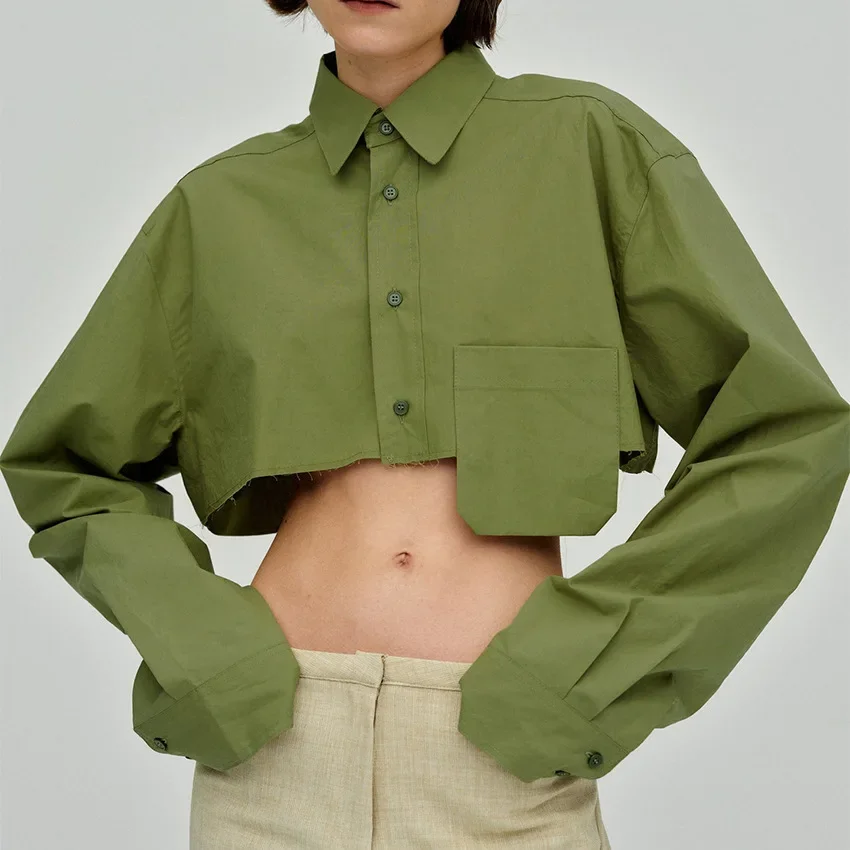 Women's Shirt with Exposed Navel Asymmetrical Splicing Fashionable and Casual Temperament Shirt for Autumn 2024