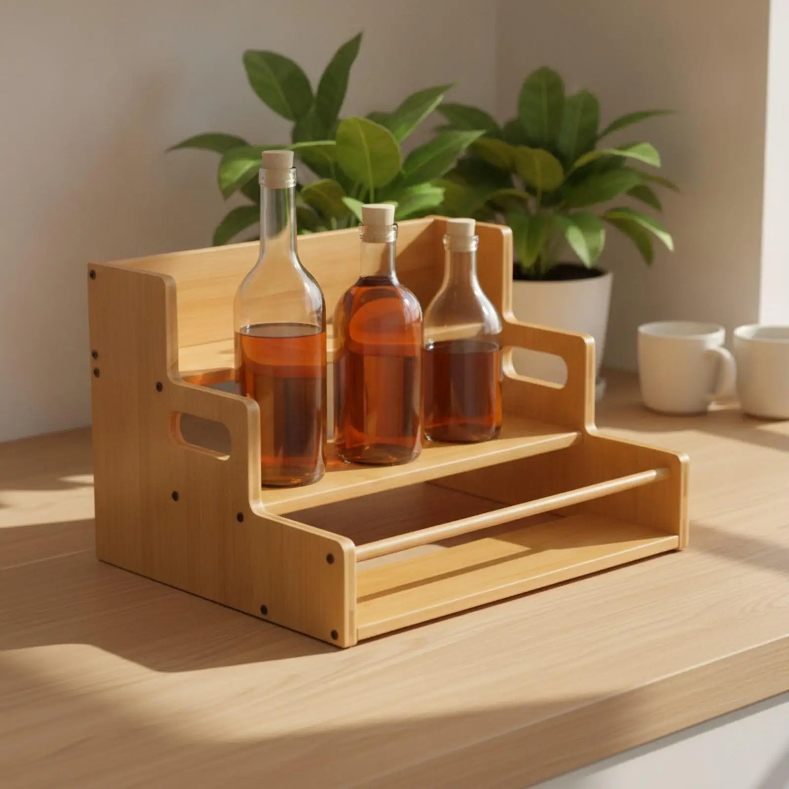 Three Tier Bamboo Wine Rack Organizer Shelf for Countertop Bottle Jar Storage Display Unit