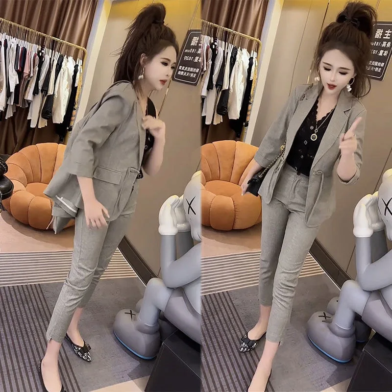 Retro Casual Faion Set Damski Wiosenno-Letni Nowy Elegancki Komplet Mała Marynarka i Spodnie z Wąskimi Nogawkami Dwuczęściowy Zestaw