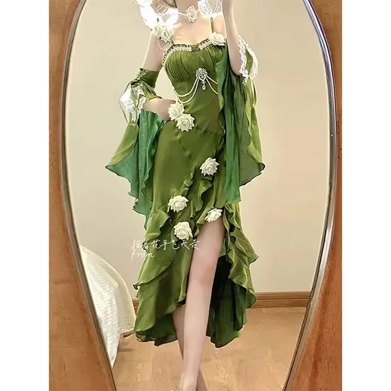 Exquisite Green White Rose Suspender Fishtail Skirt Birthday Evening Dress for Women Improved Cheongsam Elf Cosplay Costumes