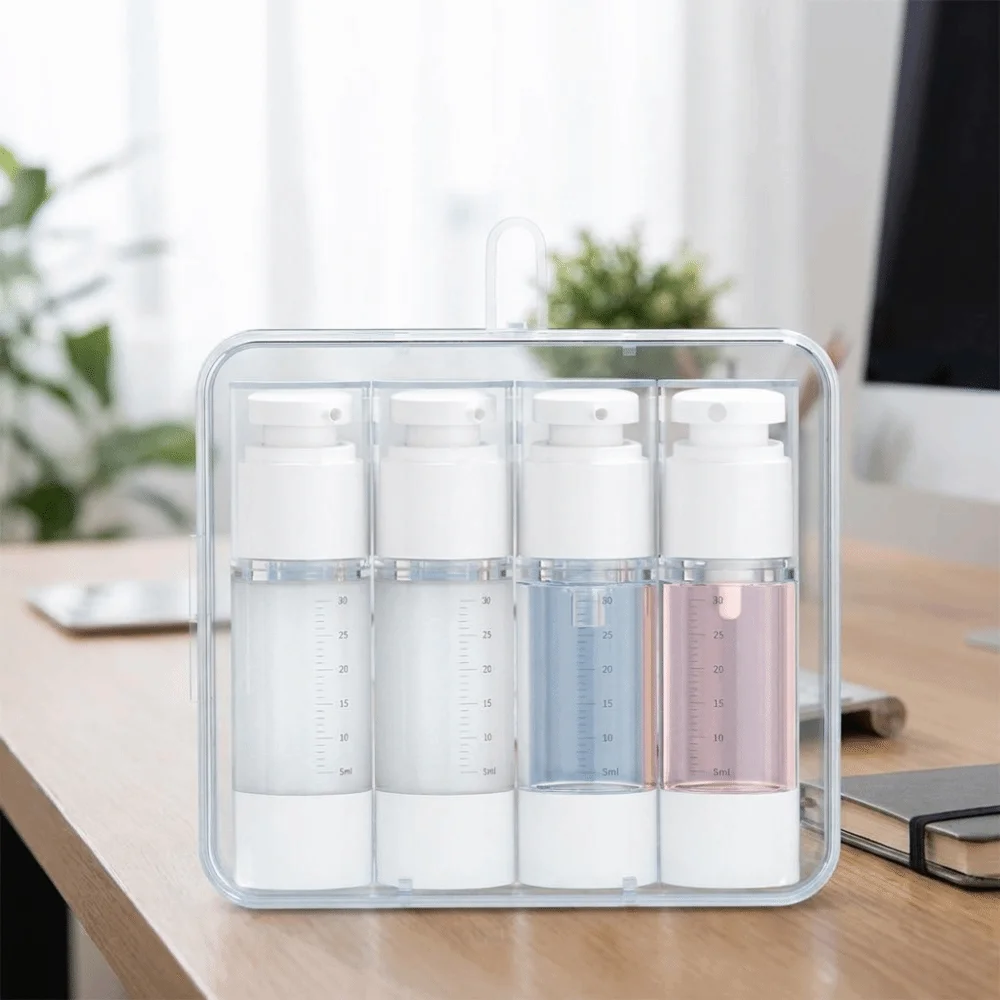 Transparentes Reise-Nachfüllflaschen-Set, wiederverwendbar, mit Aufbewahrungsbox, Shampoo-Leerbehälter mit Skala, platzsparend – Detail 5