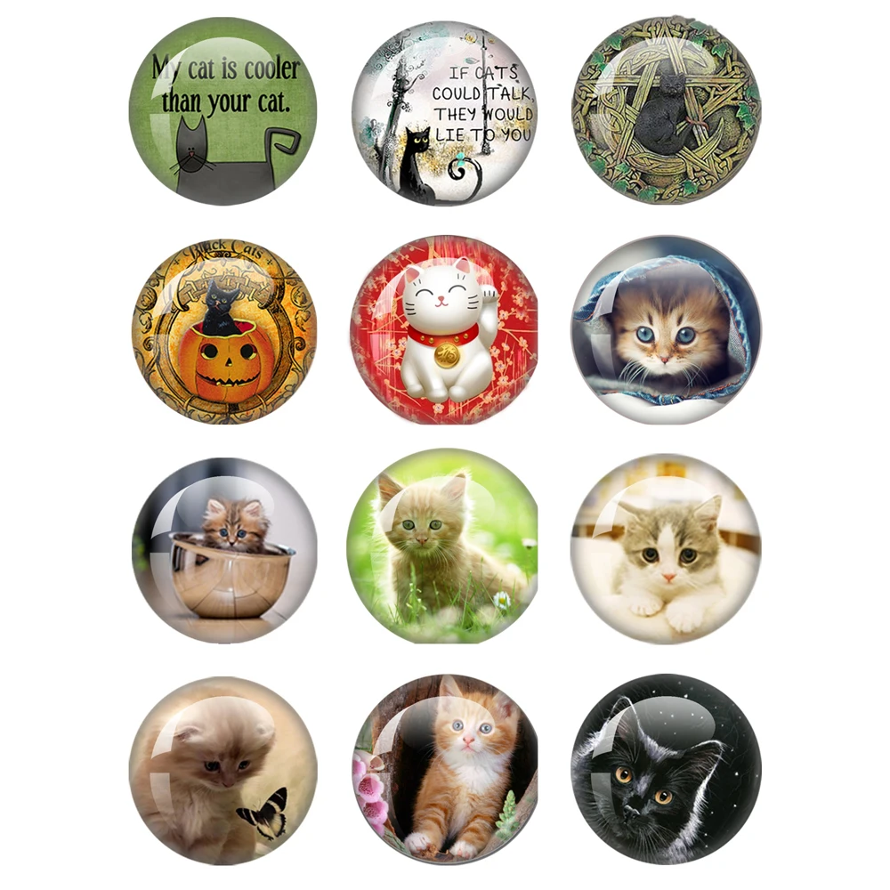 Cartoon Lovely Funny Cat 10mm/12mm/14mm/16mm/18mm/20mm/25mm Round Photo Glass Cabochon Demo Flat Back Making Findings