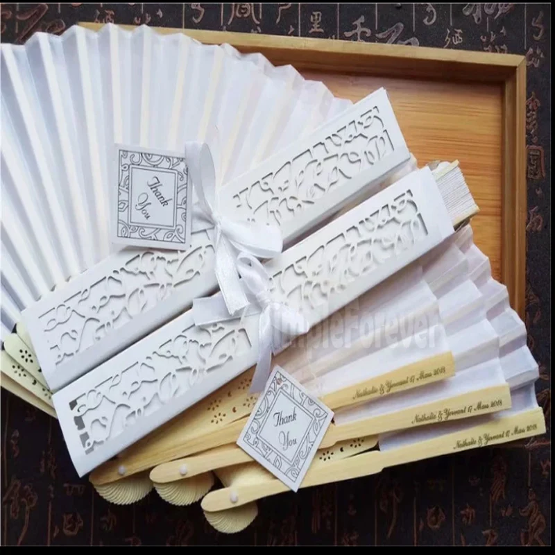 New Personalized Luxurious Silk Fold Hand Fan In Elegant Laser-Cut Gift Box +Party Favors/wedding Gifts+printing 500pcs/lot