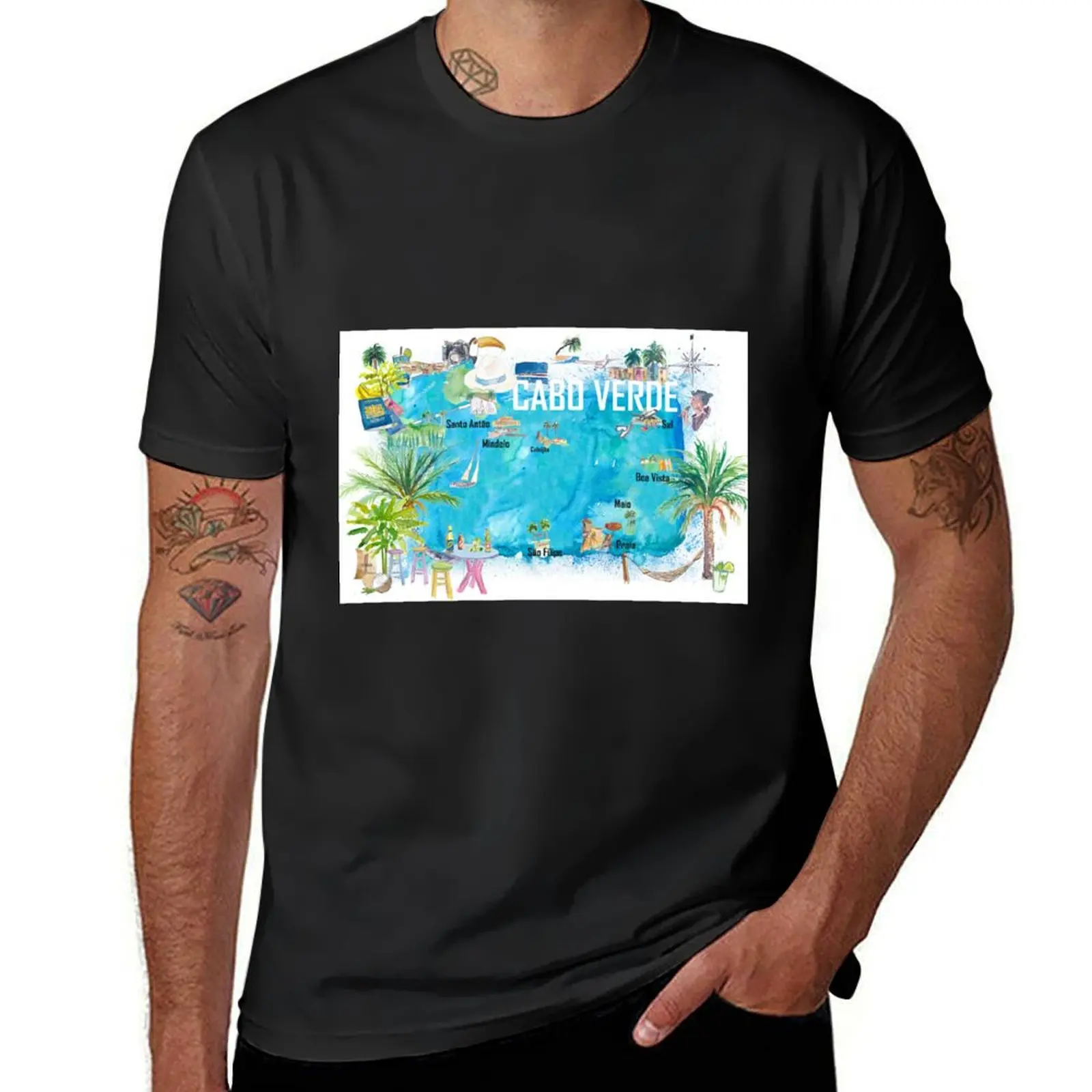 Cabo Verde Illustrated Island Travel Map with Tourist Highlights T-Shirt sports fans new edition T-shirts for men cotton