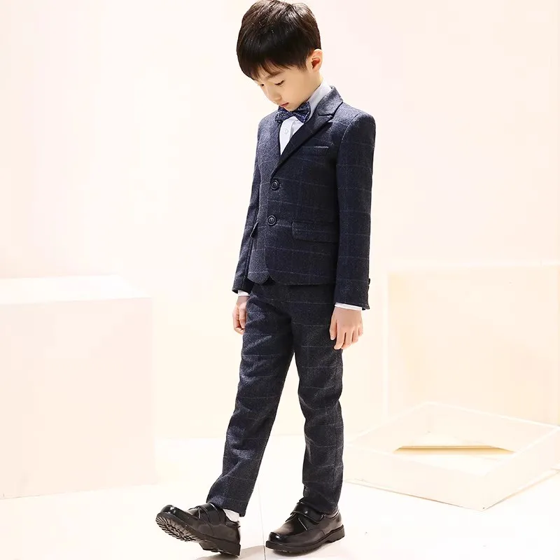 Children Plaid Gary Jacket Vest Pants Bowtie 4PCS Photograph Suit Kids Tuxedo Dress Birthday Party Costume Boys Wedding Dress