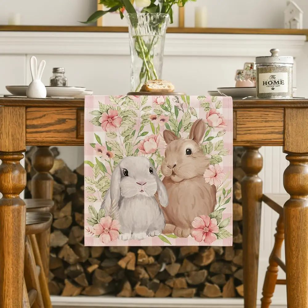 Spring Easter Bunny Rabbit Flowers Buffalo Plaid Linen Table Runner Farmhouse Kitchen Dining Table Runner Easter Decorations