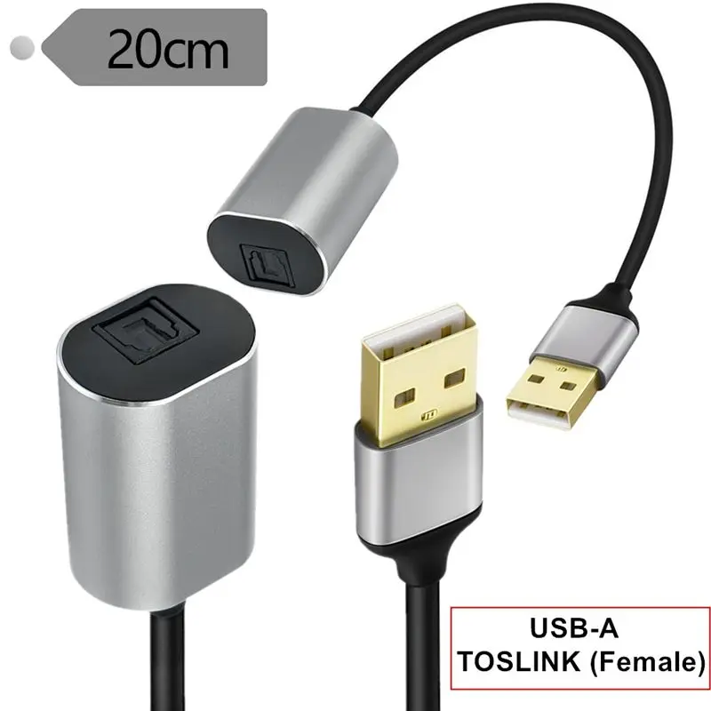 0.2m Aluminum Shell USB-A Male to TOSLINK Fiber Optic Female SPDIF PCM Stereo Digital Audio Signal Output Connection Cable