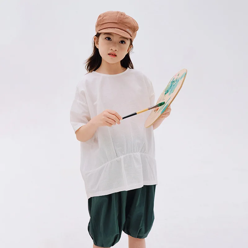 子供用のレトロなリネンとコットンのTシャツとショーツのセット,10代の女の子用の服,カジュアル,無地,4〜12歳,2ユニット