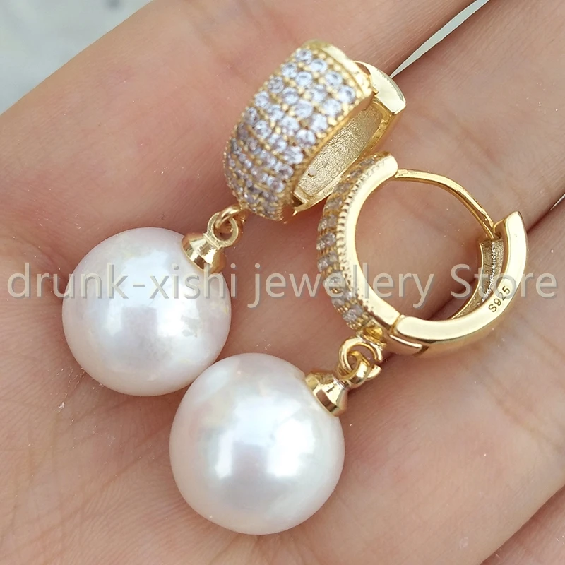 

S925 Rare AAA+ 11-12mm Australian South Sea White Drop Hoop Earrings Exceptional Special Gift For Girl Woman