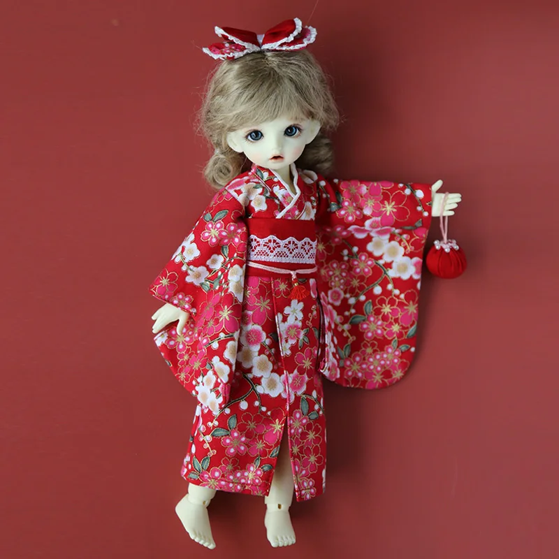 1/6 Bjd Doll Kimono Clothes Floral Skirt Pink Red Bathrobe Suit Doll Hairpin Accessories For 1/6 Yosd Doll, 12 Inhc 30cm Doll