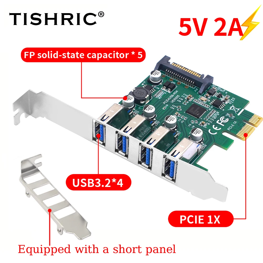 TISHRIC PCIE 1X To 4 USB 3.2 Port Expansion Card PCI Express Board  D720201 Control Support system Win xp/Vista/7/8/10/11 32-bit