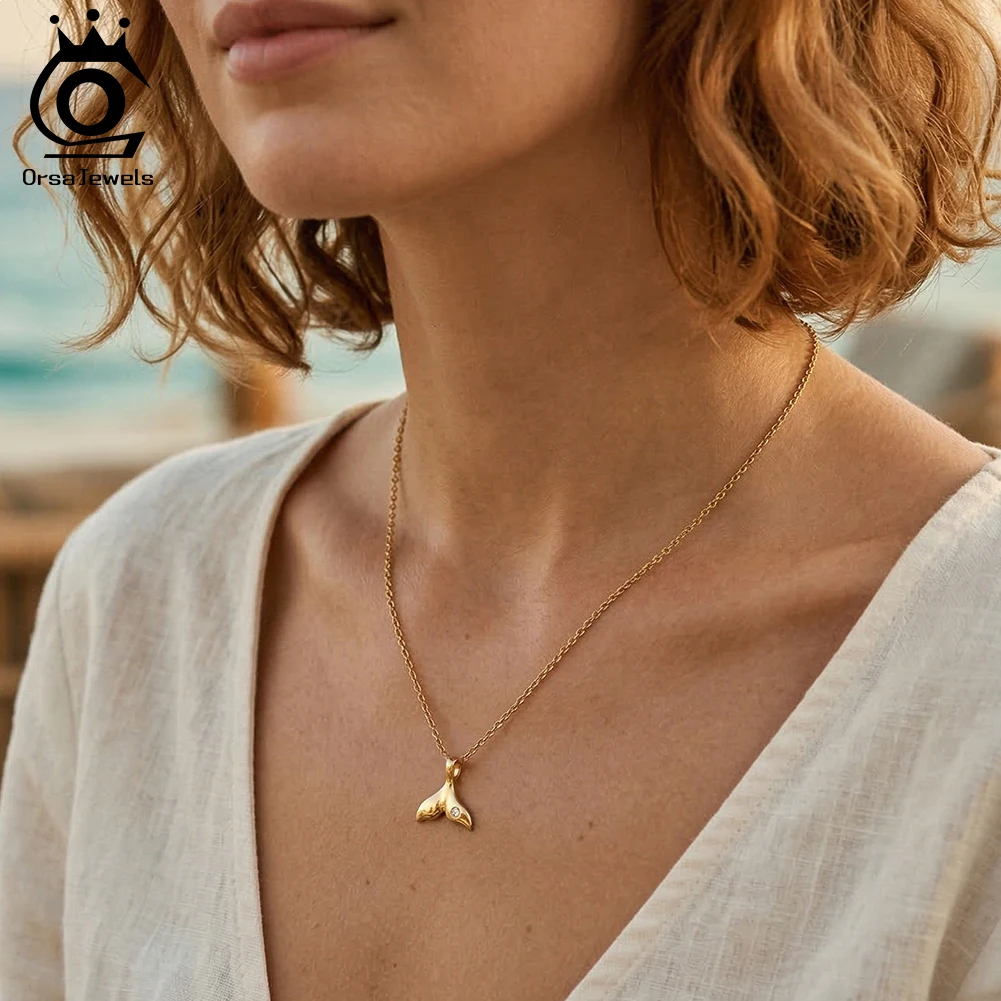 ORSA JEWELS Popular 925 Sterling Silver Fish Pendant Necklace Tail Zircon Summer Vacation Daily Wear Jewelry High Quality SAPN64