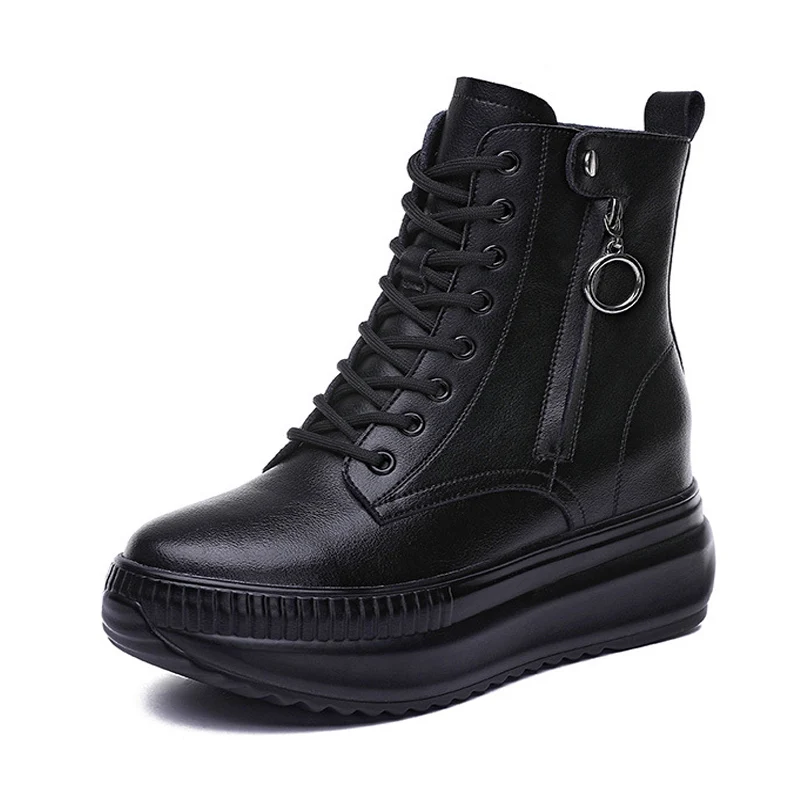 2025 Autumn Early Winter Genuine Leather Shoes Women Ankle Boots Soft Fashion Ladies Height Increasing Shoes 8cm Pure Black D656