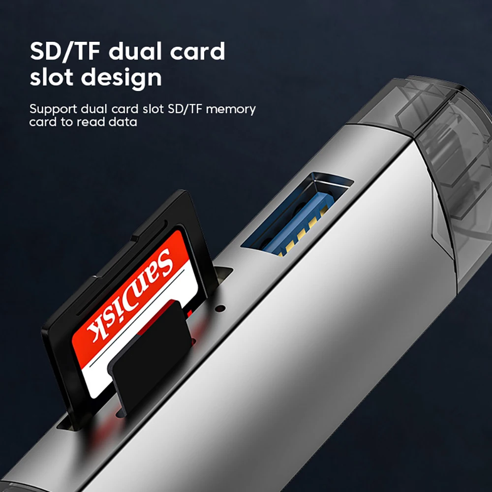 Multifuncional SD e TF Card Reader, 6 em 1, Adaptador de Cartão USB 3.0, 5Gbps, Alta Velocidade, Micro Memória para iPhone 15, Samsung, Macbook