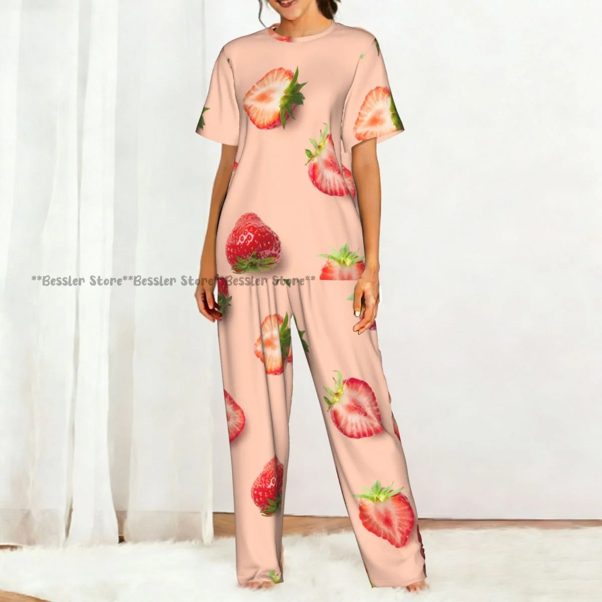 Women's Sweet Strawberries short sleeve trousers casual pajamas set 5