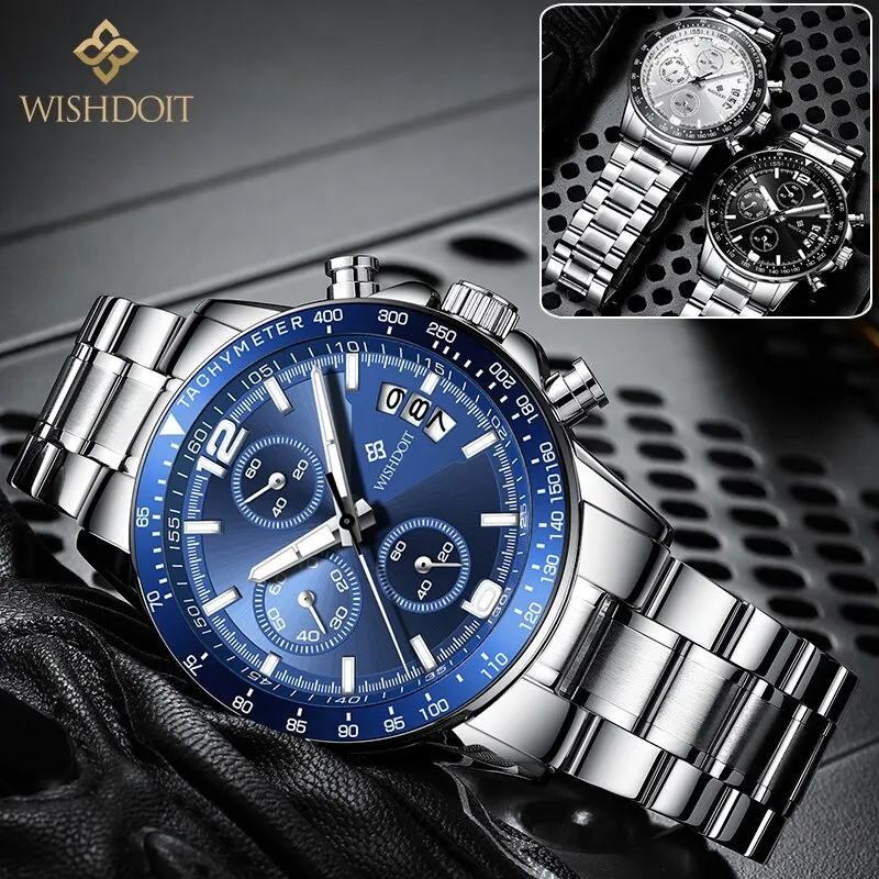 WISHDOIT Original Watch for Men Waterproof Stainless Steel Metal Strap Multifunction Chronograph Fashion QuartzAnalog Wristwatch