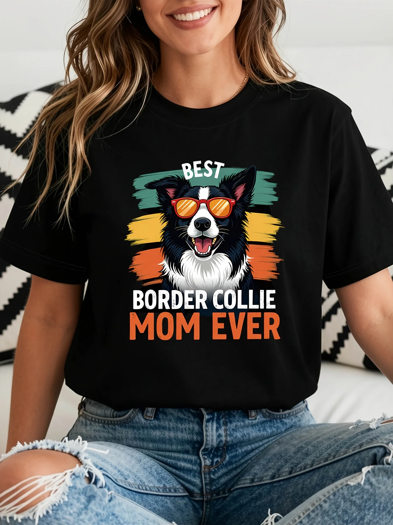 Women's Best Border Collie Mom Ever Tro T-Shirt Border Collie Print Short Sleeve Round Neck Tees Tops Casual Dog Lover Gift 90s