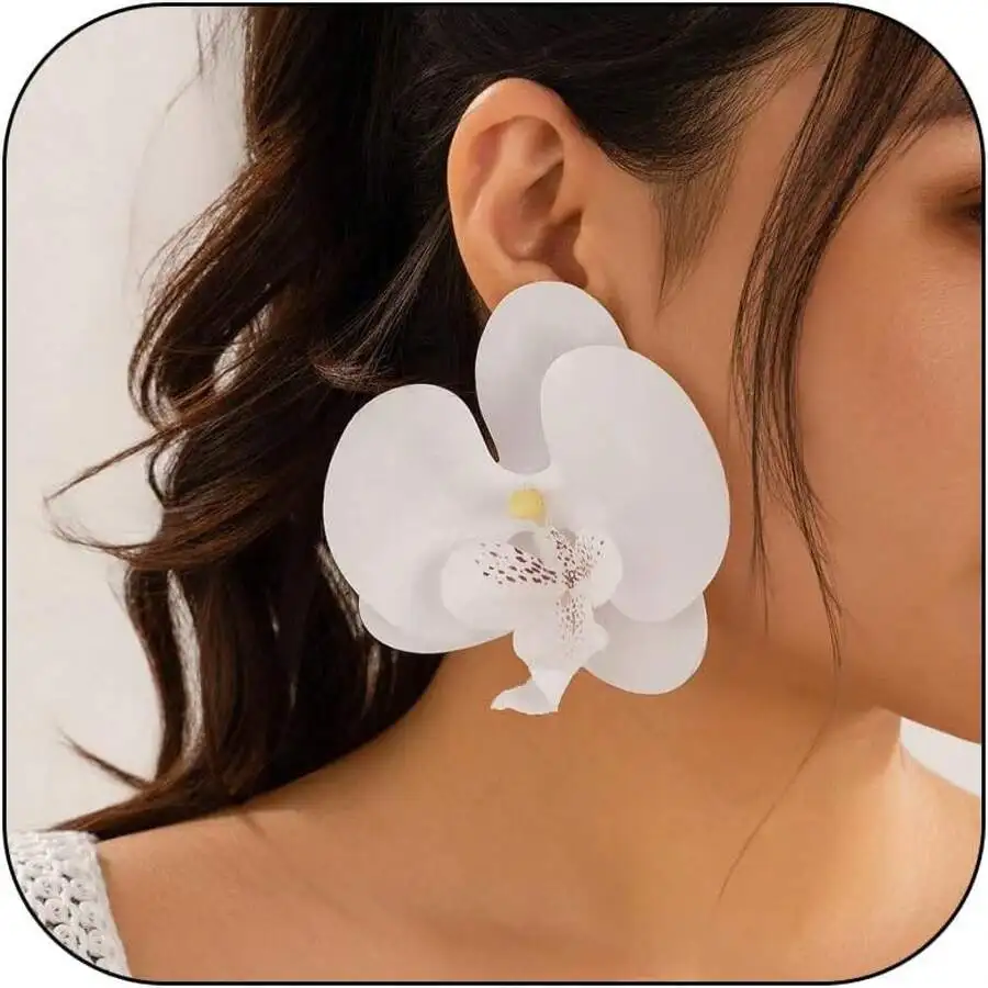 

White Orchid Flower Earrings For Women Big Floral Boho Stud Jewelry Spring Prom Dress Accessory