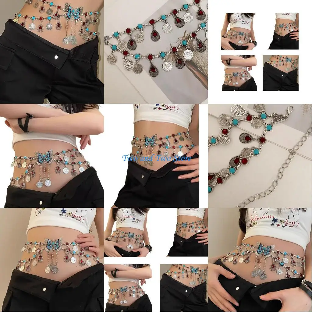 

HX6F Butterfly Chain Belt For Women Waist Chain Belly Chain Coin Waist Chain Belly Dance Butterfly Blingbling Pendant
