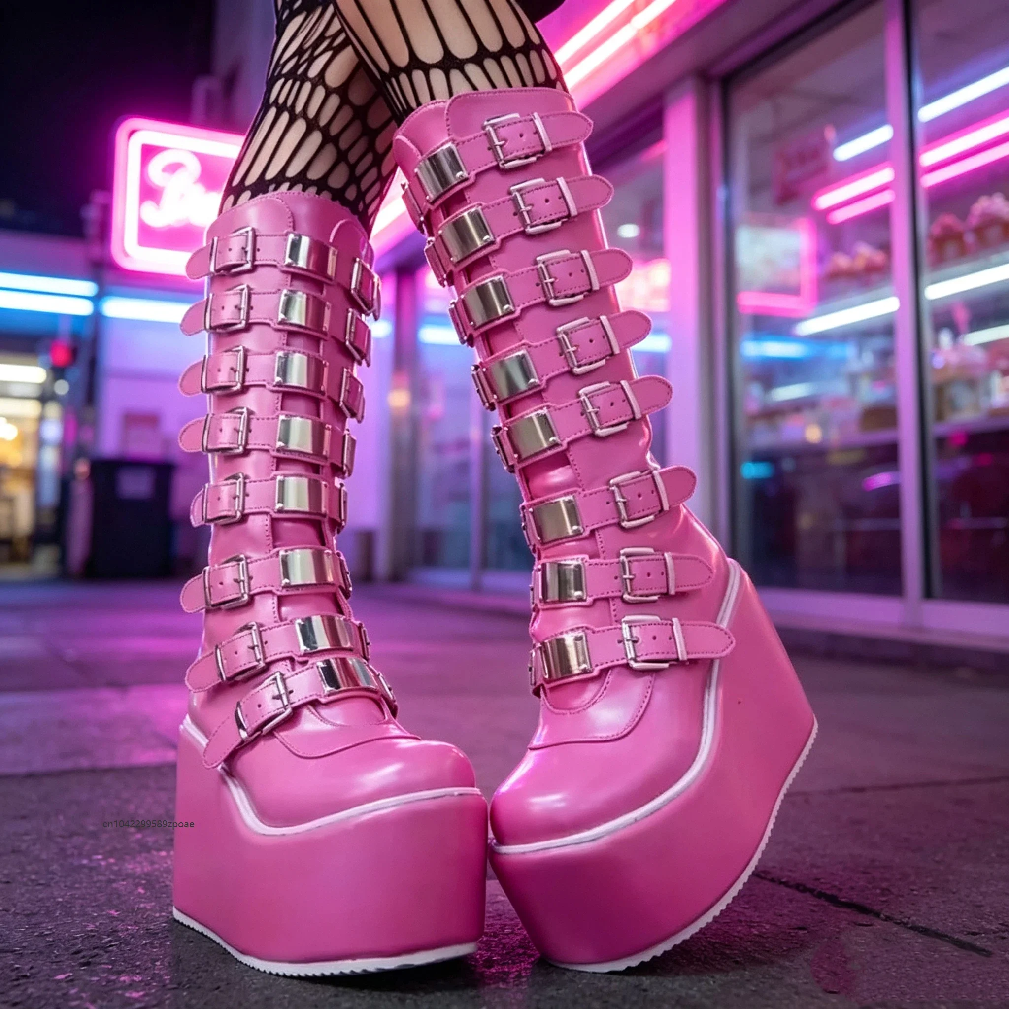 Retro Gothic Rock Women Wedge High Boots Multiple Metal Buckle Straps Thick Wedge Platform Shoes Punk Long Club Night Boot 2026