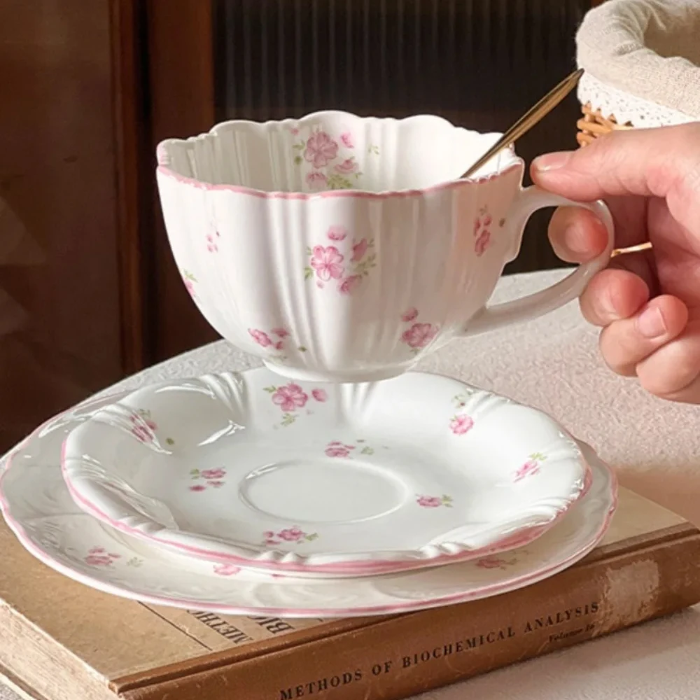 Nordische Rosa Kirschblüten-Tasse Porzellanbecher mit Untertasse Geschirr Kaffeetasse Esstisch Nachmittagstee Teetasse Saftbecher