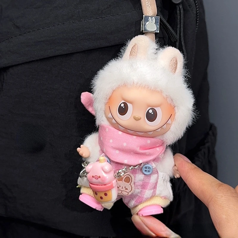 Комплект комбинезонов 4-го поколения Mini Labubu Heart Code, розовый нагрудник и клетчатый комбинезон, милый джинсовый наряд для виниловой куклы 10 см (только одежда)