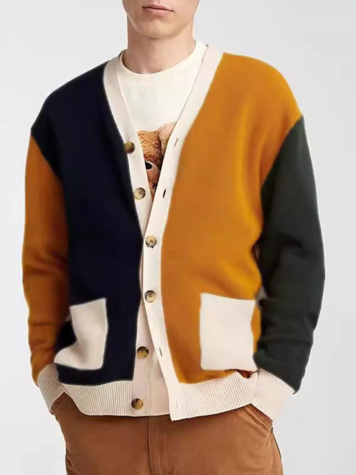 

Men's Casual V-Ne Knit Cardigan Sweater Color Blo Leisure Long Sve Outerwear Spring Autumn Season Polyester Fiber